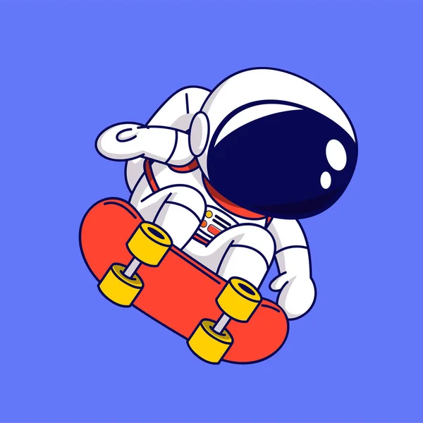Милый Астронавт Мультипликатор Скейтборде Векторная Иллюстрация Синем Фоне — стоковый вектор