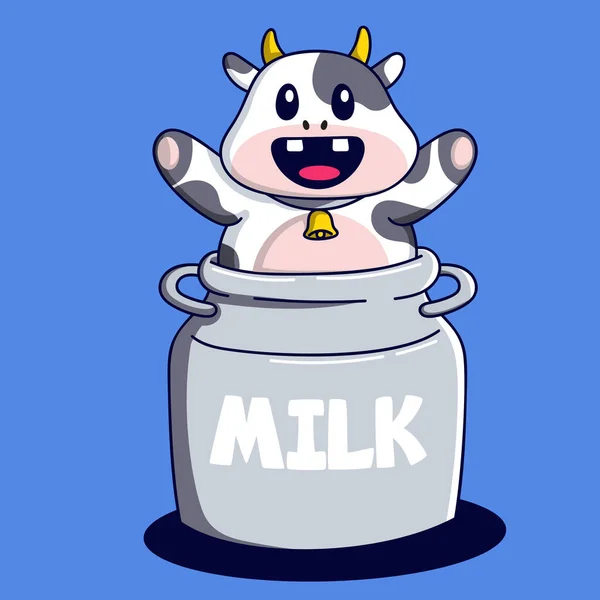 Niedliche Karikatur Von Kuh Maskottchen Charakter Mit Milchkannen Vektor Illustration — Stockvektor
