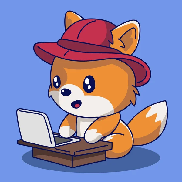 Bonito Cartoon Fox Com Chapéu Laptop Computador Vetor Ilustração Eps — Vetor de Stock