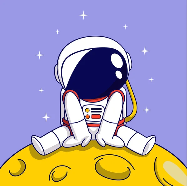 Astronot Kartun Yang Lucu Duduk Bulan Dengan Latar Belakang Ungu - Stok Vektor