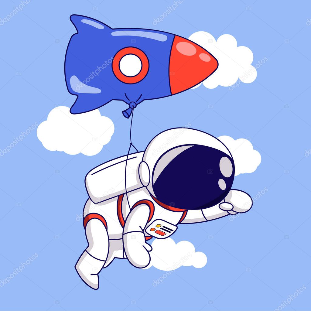 Cute Cartoon Astronaut flying in the sky with a rocket balloon. Vector illustration