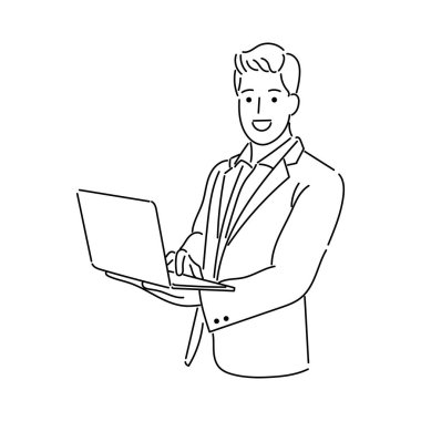 İş adamı ya da profesyonel kişinin resmi. Basit Japon çizgi film tarzıyla çalışan insan çizgisi sanat vektörü