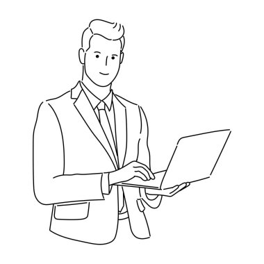 İş adamı ya da profesyonel kişinin resmi. Basit Japon çizgi film tarzıyla çalışan insan çizgisi sanat vektörü