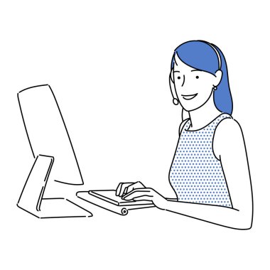 İş kadını ya da profesyonel kişinin resmi. Basit Japon çizgi film tarzıyla çalışan kadın çizgisi sanat vektörü