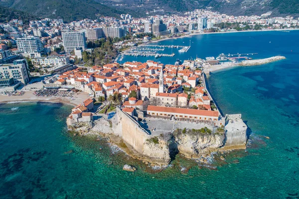 Ciudad Vieja Budva Hermoso Día Verano Montenegro Imagen Aérea Vista —  Fotos de Stock