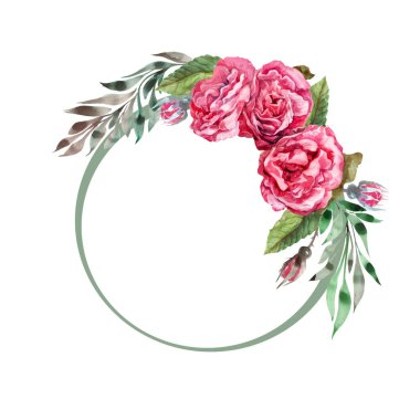 Süslü süslemeler, kırmızı güller ve yeşil yapraklar, düğün sloganı.,