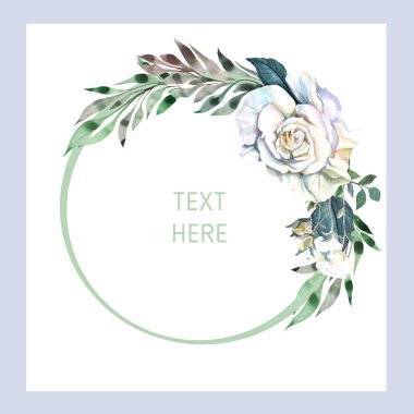 Süslü suluboya elementleri, beyaz gül çiçekleri ve yeşil yapraklarla süsleyin. Düğün için gerekçe.