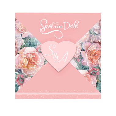 Suluboya dekoratif düğün kartı pembe güllerle olan tarihi kaydet