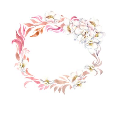 Yasemin suluboya elli çelenk beyaz arka planda çiçekler çiziyor, düğün tasarım elementi