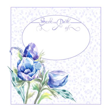 düğün kartı, suluboya mavi çiçekler, çelenk.