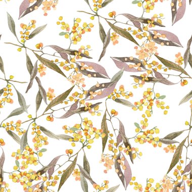 Beyaz zemin üzerinde mimoza dalları olan suluboya desenli paskalya süsü 