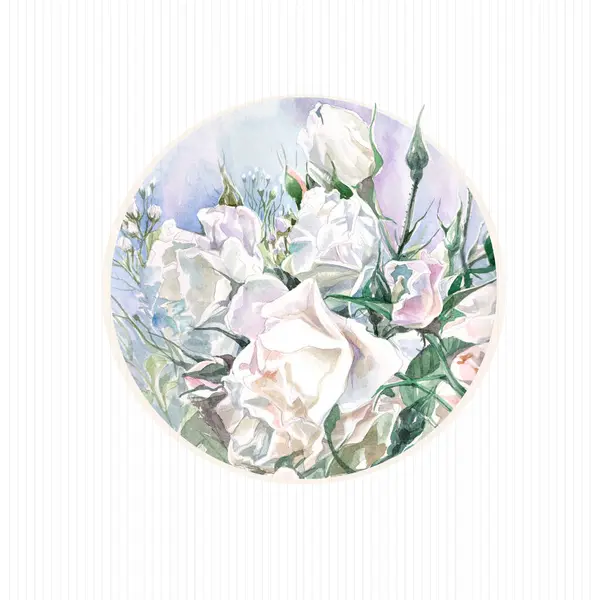 design element for greeting card with bouquet white roses in circle birthday female, women's day, mother's day, wedding invitation