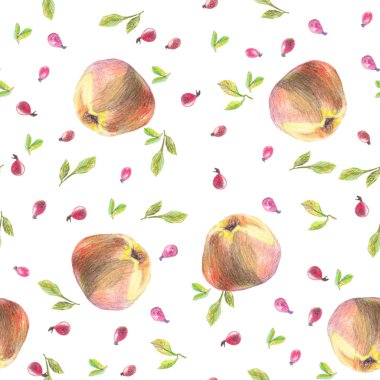 Lezzetli apleları ve beyaz arka planda kırmızı böğürtlenleri olan kusursuz bir desen.