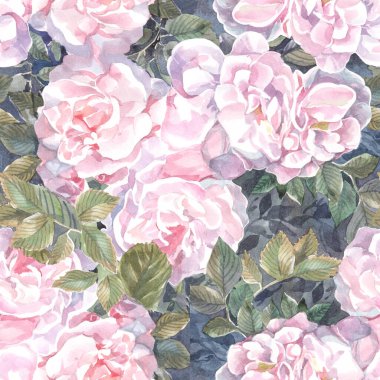 Çiçekler ve tomurcuklar açan pembe güllerle kusursuz desenler, kağıt üzerindeki suluboya, desen,