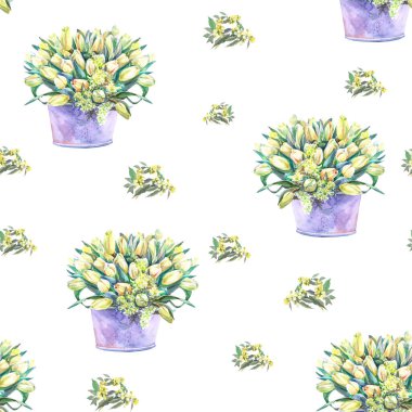 Vazoda sarı lale buketi olan kusursuz desen ve mimoza, kağıt üzerinde suluboya.