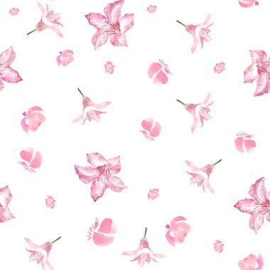 Beyaz çiçek arkaplanındaki pembe çiçekli pürüzsüz desen