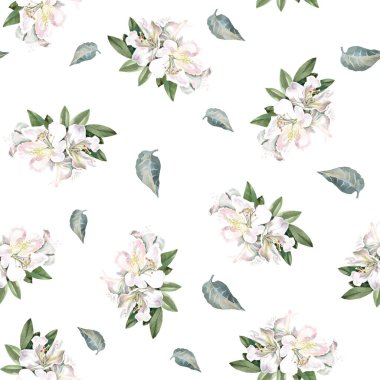 Beyaz çiçek buketleriyle kusursuz desen, kağıt üzerinde suluboya.