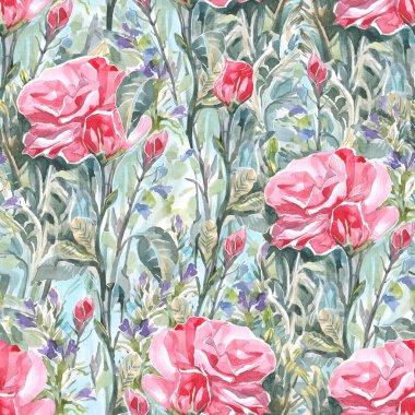 Sahada çimenli, tekstil zeminli pembe güllerle kusursuz desenli süsler.,