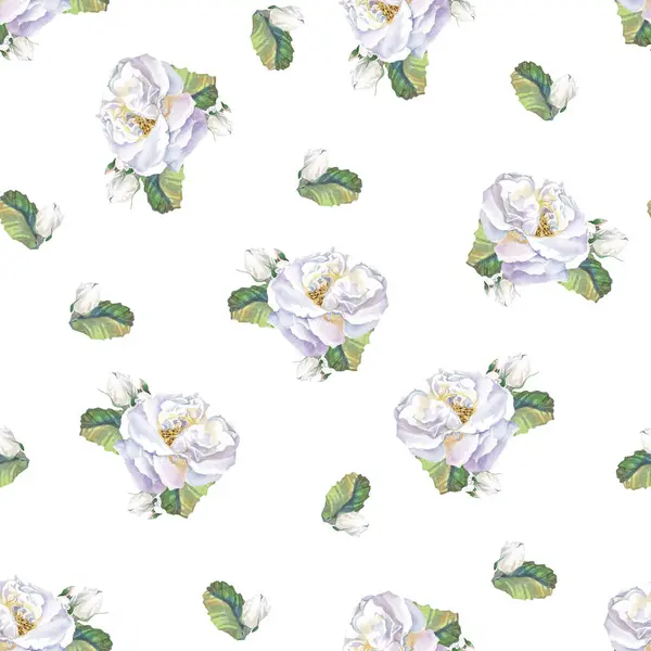 Nahtloser Musterschmuck Mit Weißen Rosen Auf Weißem Hintergrund Stockbild