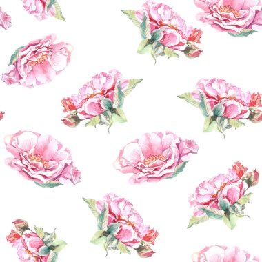 Beyaz arka planda güllerle süslenmiş kusursuz desenli süsler.