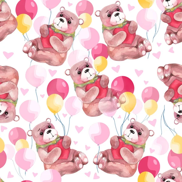 Muster Mit Teddybären Und Bunten Luftballons Herzen Baby Kinder Textilkulisse lizenzfreie Stockbilder