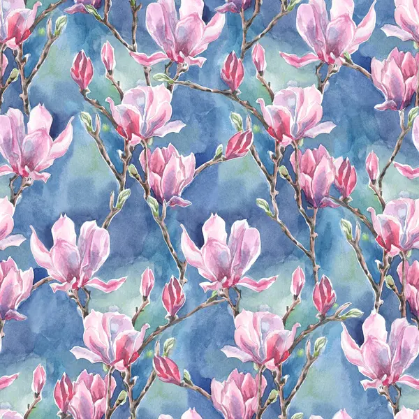 Hintergrund Mit Zweigen Und Blumen Magnolie Auf Blauem Himmel Aquarell Stockfoto