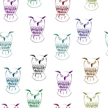 Beyaz arkaplanda şirin hanedan baykuşları olan pürüzsüz desen yazdır