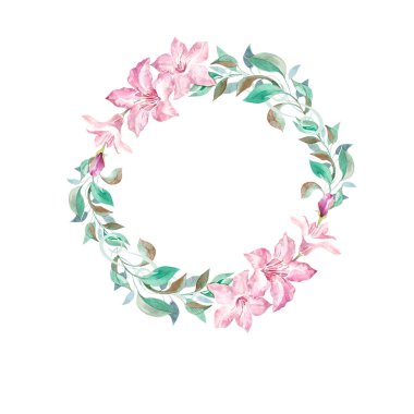 Beyaz arkaplanda pembe çiçek çelengi