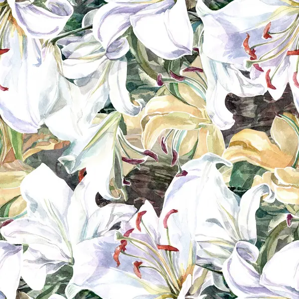 Sarı ve beyaz zambak çiçekleriyle kusursuz desen, suluboya kumaş süsü