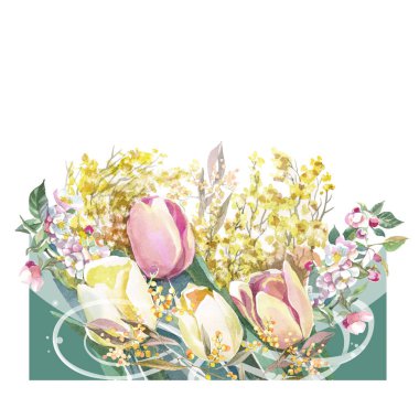 Paskalya bayramı arkaplanı için sarı laleler ve mimoza buketi olan kart, kağıda suluboya çizimler.