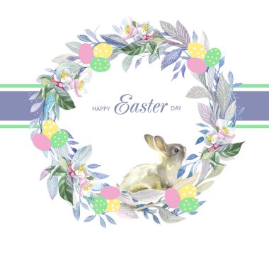 Çemberde tavşanlı ve çiçekli paskalya kartı 