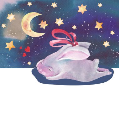 Kitap kapağı çocuk resimleri. Uyuyan tavşan ve ay, yıldızlar.