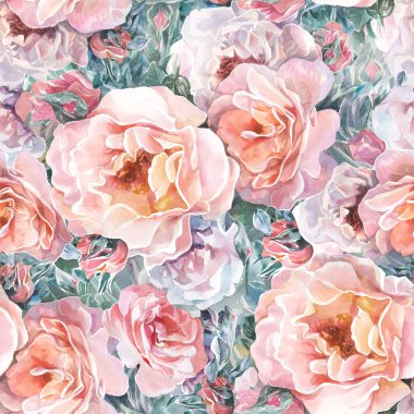 Çimenlerdeki suluboya güllerle süslenmiş kusursuz çiçek süsü.