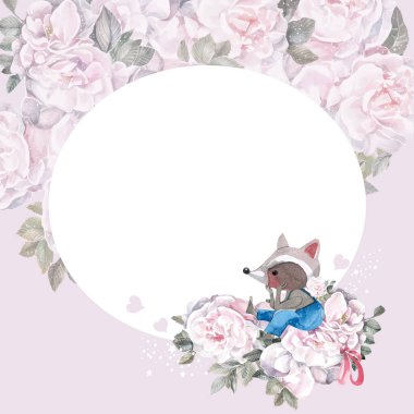 Çiçekli çerçeve ve çocuklar için rakun kartları, doğum günün kutlu olsun, bebek partisi