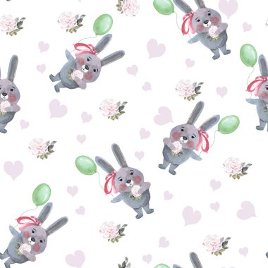 Küçük gri tavşancık ve balonla kusursuz bir desen.