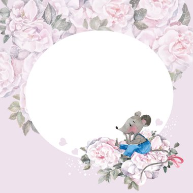 Çocuklar için çiçek ve fare çerçeveli kartlar, mutlu yıllar, bebek partisi