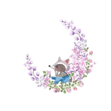 Ortanca çiçeklerinde küçük komik rakun resimleri.
