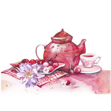 Çaydanlık ve bardak kirazlı çay saati, suluboya resim