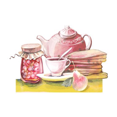 Bir fincan çay, çaydanlık ve krep.