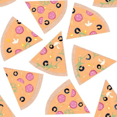 Salamlı, mantarlı ve peynirli pizza dilimleriyle kusursuz desen. 