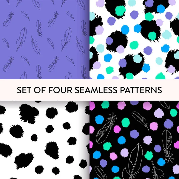 Hand Drawn Feather Spot Repeat Seamless Pattern Set Vector Illustration — Stock Vector