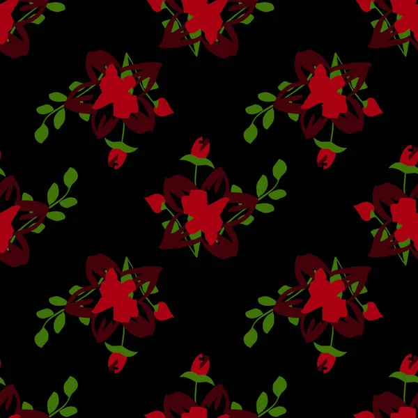 Абстрактный Красный Цветок Черном Фоне Бесшовный Повторяющийся Узор Векторная Иллюстрация — стоковый вектор