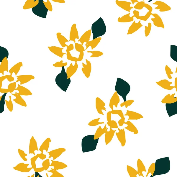 Абстрактный Желтый Цветок Зелеными Листьями Белом Фоне Узоров Векторная Иллюстрация — стоковый вектор