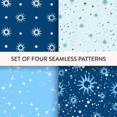 Snowflake, star, polka dot, spot abstract winter repeat seamless pattern set. Vector illustration. Pattern collection for print, scrapbooking, textile, fashion, gift wrap and wallpaper.
