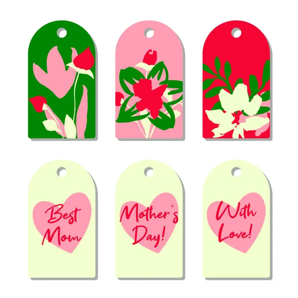Mothers Day Stylish Tag Set Abstract Flowers Red Pink Green — Stock Vector