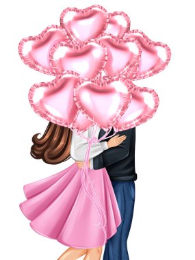 Couple in love with heart shaped balloons. Valentine's Day greeting card