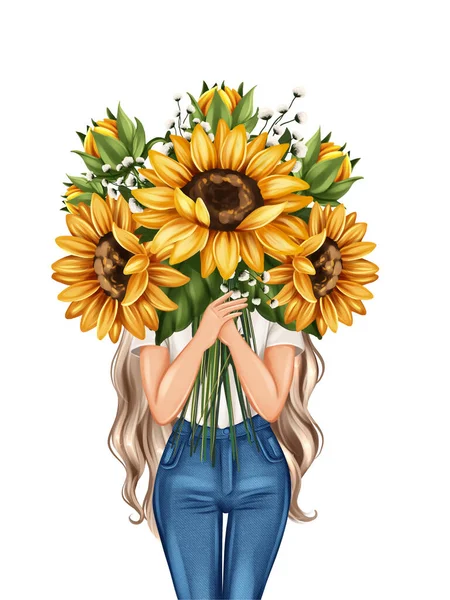 Girl with sunflowers bouquet. Hand drawing greeting card