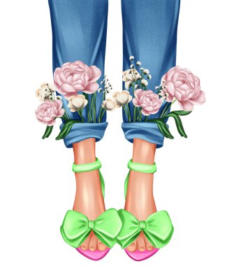 Girl legs close up. Bright shoes and peonies flowers. Hand drawn fashion illustration