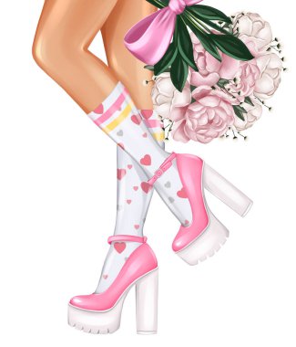 Girl legs in socks and high heel shoes close up. Pink shoes and peonies bouquet. Hand drawn fashion illustration