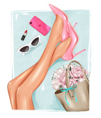 Girl legs top view. Pink shoes, peonies flowers and accessories. Hand drawn fashion illustration